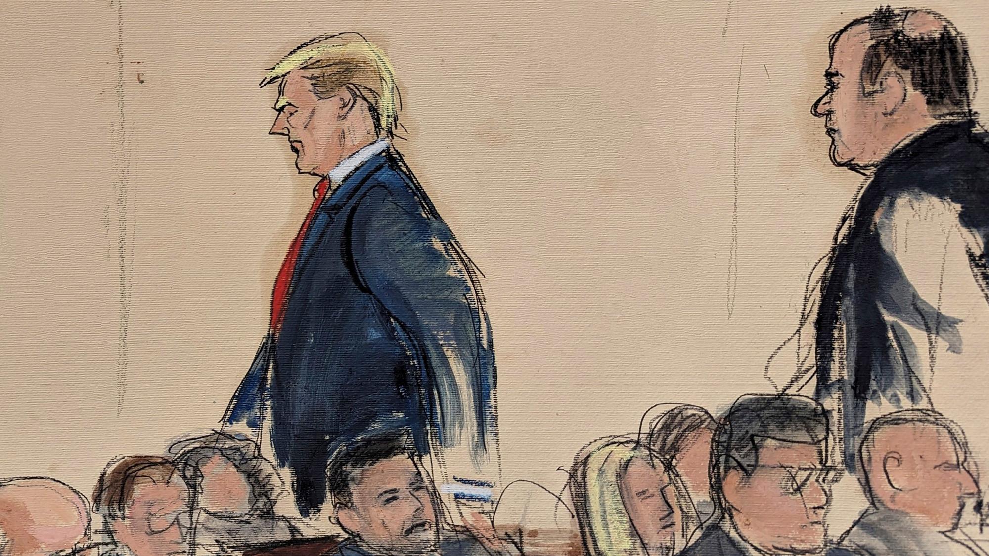 Diese Gerichtssaal-Skizze zeigt, wie der ehemalige Präsidenten Donald Trump (l) gefolgt von seinem Rechtsbeistand Boris Epshteyn den Gerichtssaal verlässt.