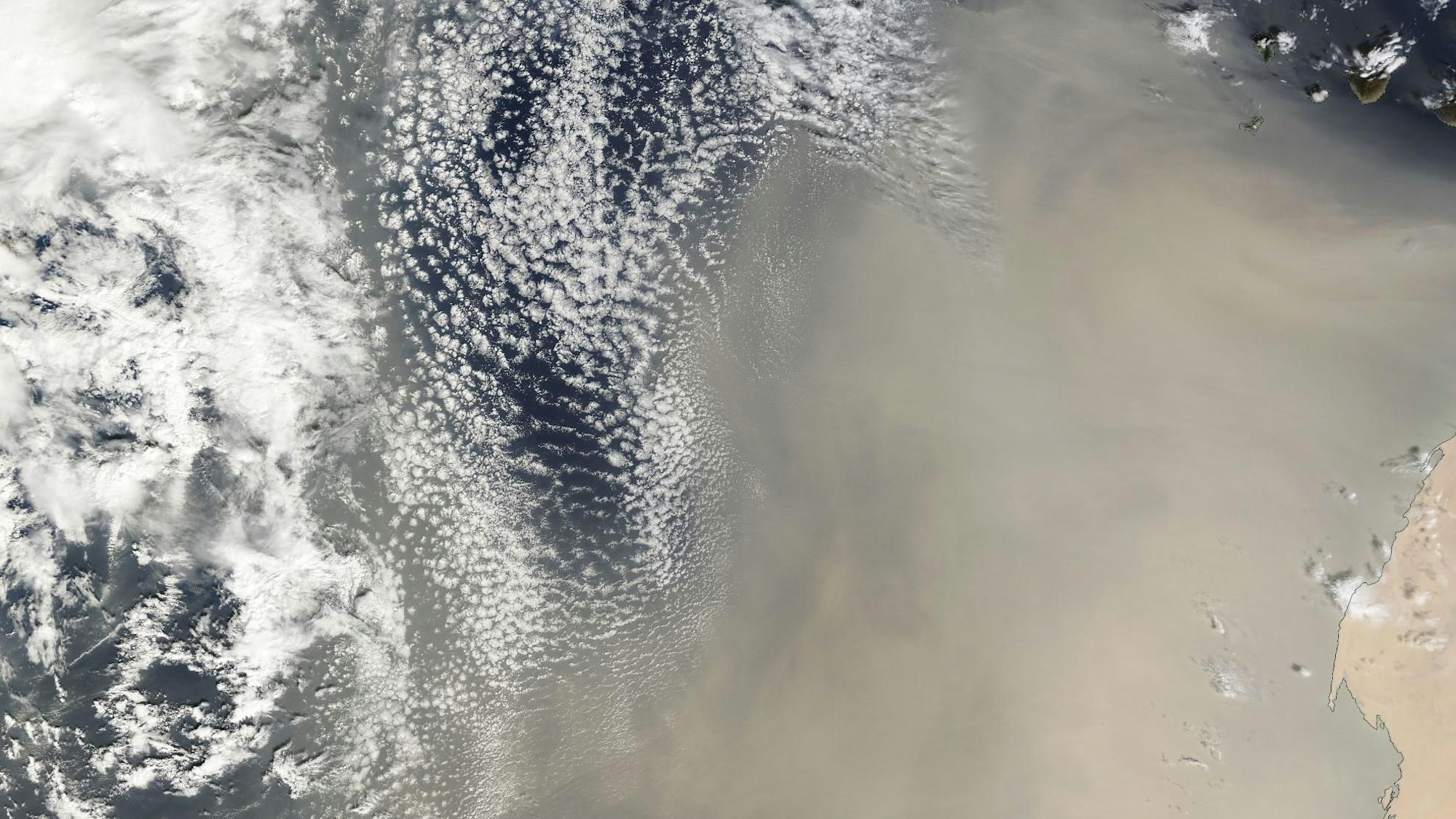 Eine große Wolke mit Saharastaub zieht auf dieser Satellitenaufnahme der Nasa am Donnerstag, 25. Januar 2024, vor der Westküste Afrikas in Richtung Europa. In Mitteleuropa, Deutschland und Nordrhein-Westfalen wird die Staubwolke spätestens am Sonntag erwartet.