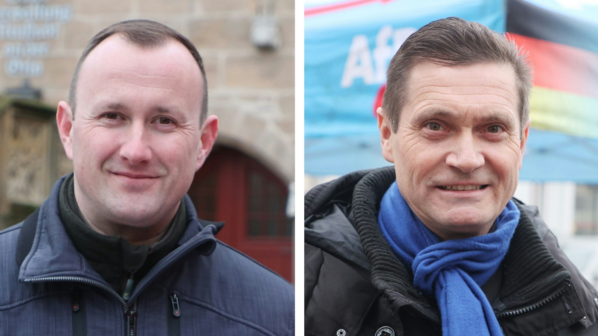 Thüringen, Neustadt an der Orla: Christian Herrgott (l., CDU) hat die Landratswahl gegen Uwe Thrum (r., AfD) gewonnen.