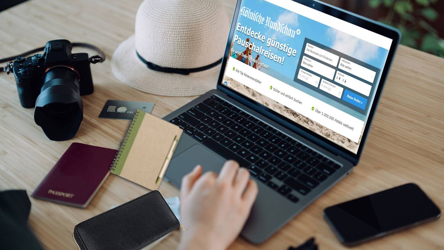 Cropped hand of woman shopping online for flight tickets on airline website with laptop. Carried out Coronavirus rapid self test, negative rapid lateral flow test device and travel essentials on table. Planning for travel. Travel during pandemic concept
