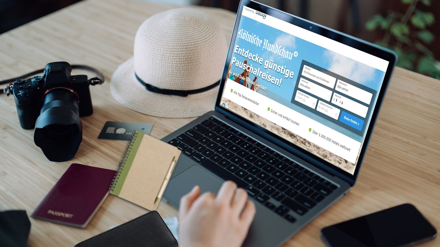 Cropped hand of woman shopping online for flight tickets on airline website with laptop. Carried out Coronavirus rapid self test, negative rapid lateral flow test device and travel essentials on table. Planning for travel. Travel during pandemic concept