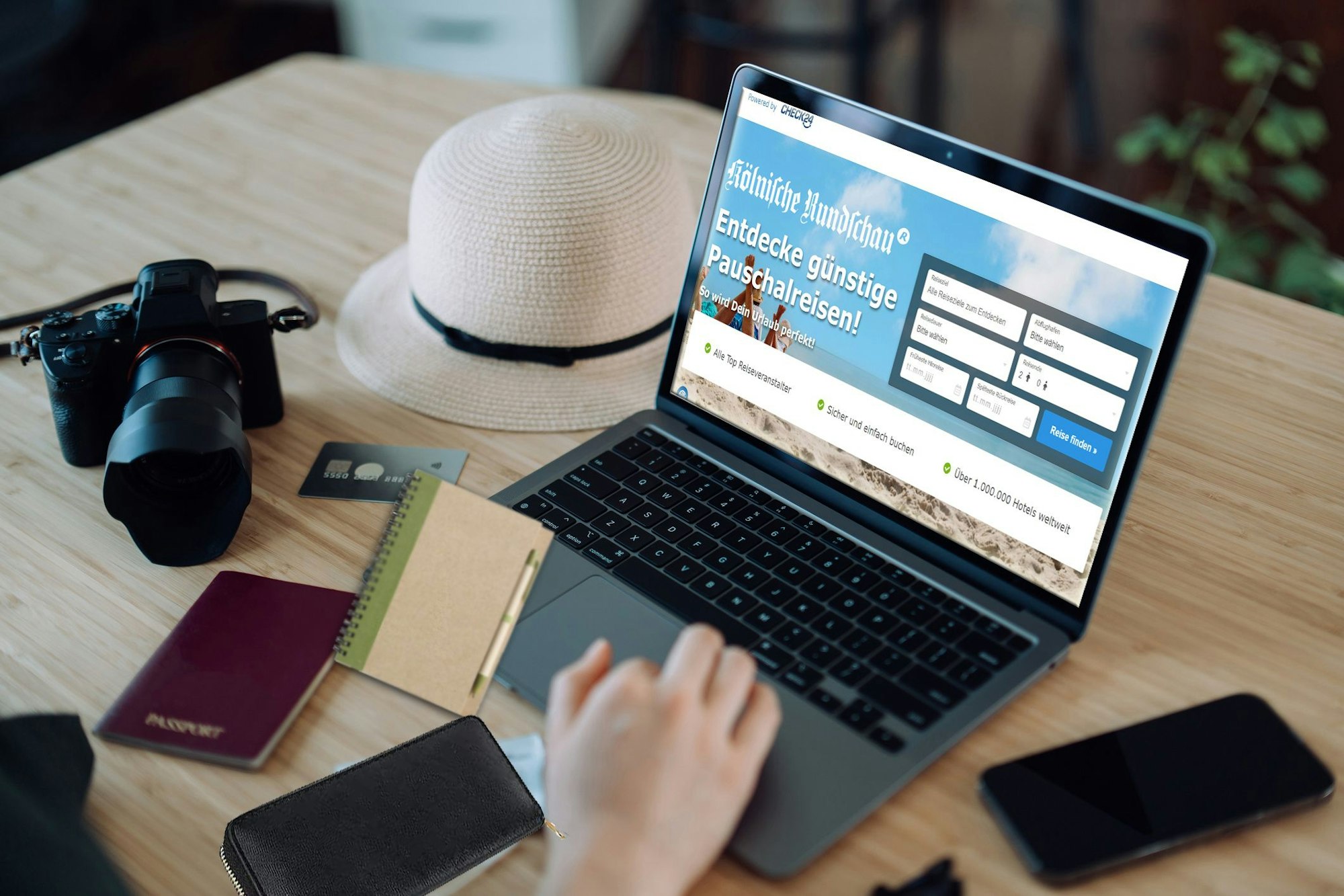 Cropped hand of woman shopping online for flight tickets on airline website with laptop. Carried out Coronavirus rapid self test, negative rapid lateral flow test device and travel essentials on table. Planning for travel. Travel during pandemic concept