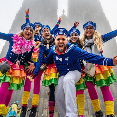 Kostümierte Jecke aus Belgien im Nebel am Dom.