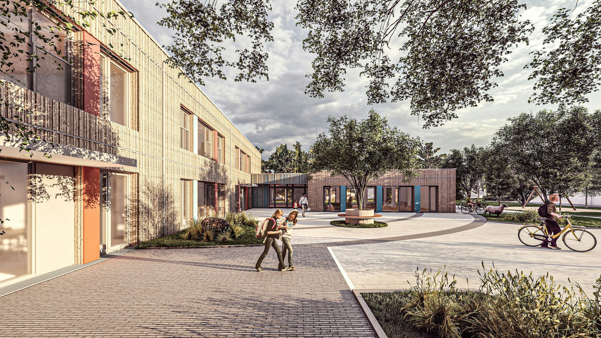 Visualisierung für Erweiterungsbauten in Holzmodulbauweise.