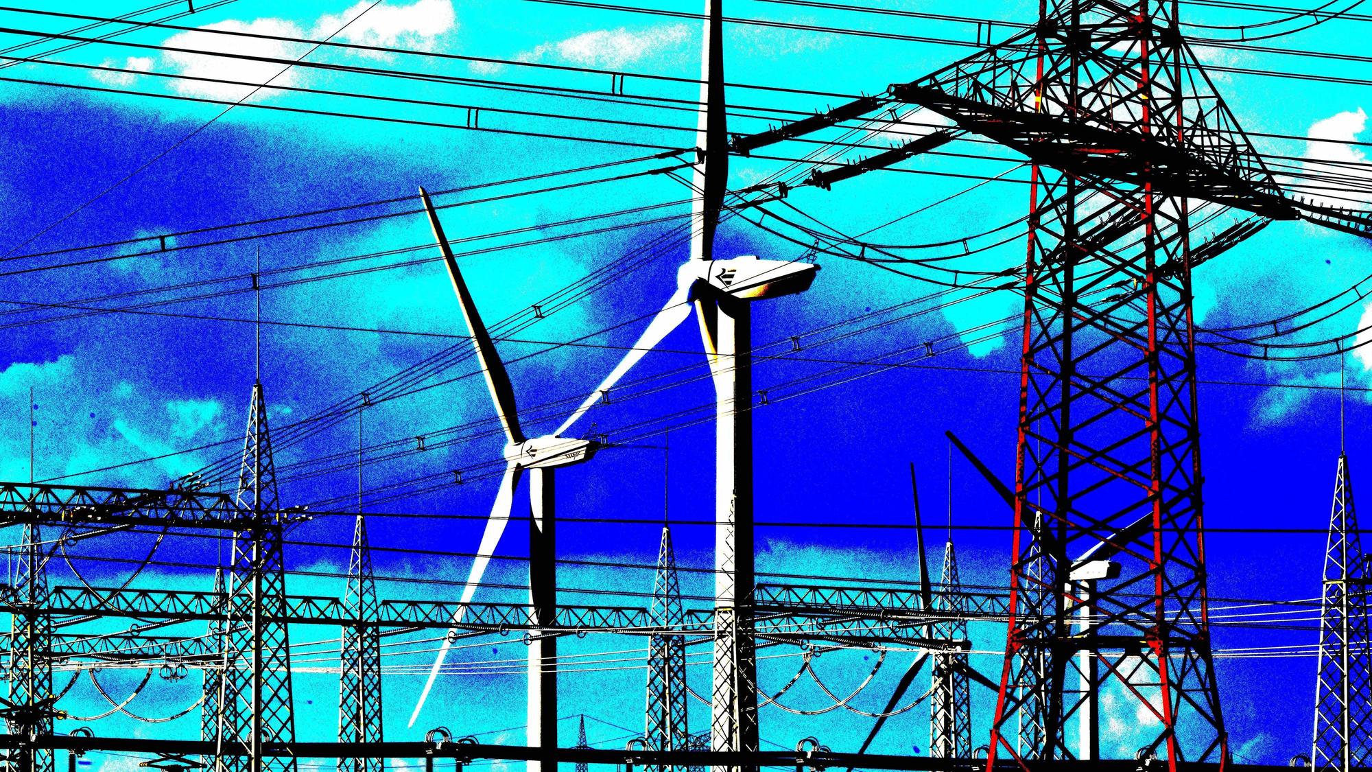 Laut einer Umfrage stehen Bergheimer Windkraftanlagen grundsätzlich offen gegenüber, ein Symbolbild mit Stromleitungen und Windkraftanlagen ist zu sehen.