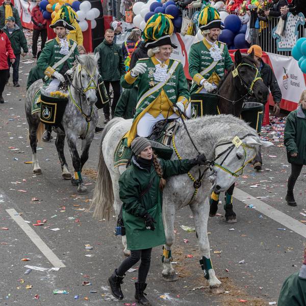 Die Teilnahme am Rosenmontagszug gilt für die Pferde in Köln als bestandene Gelassenheitsprüfung. Hier das Reiterkorps der Ehrengarde.