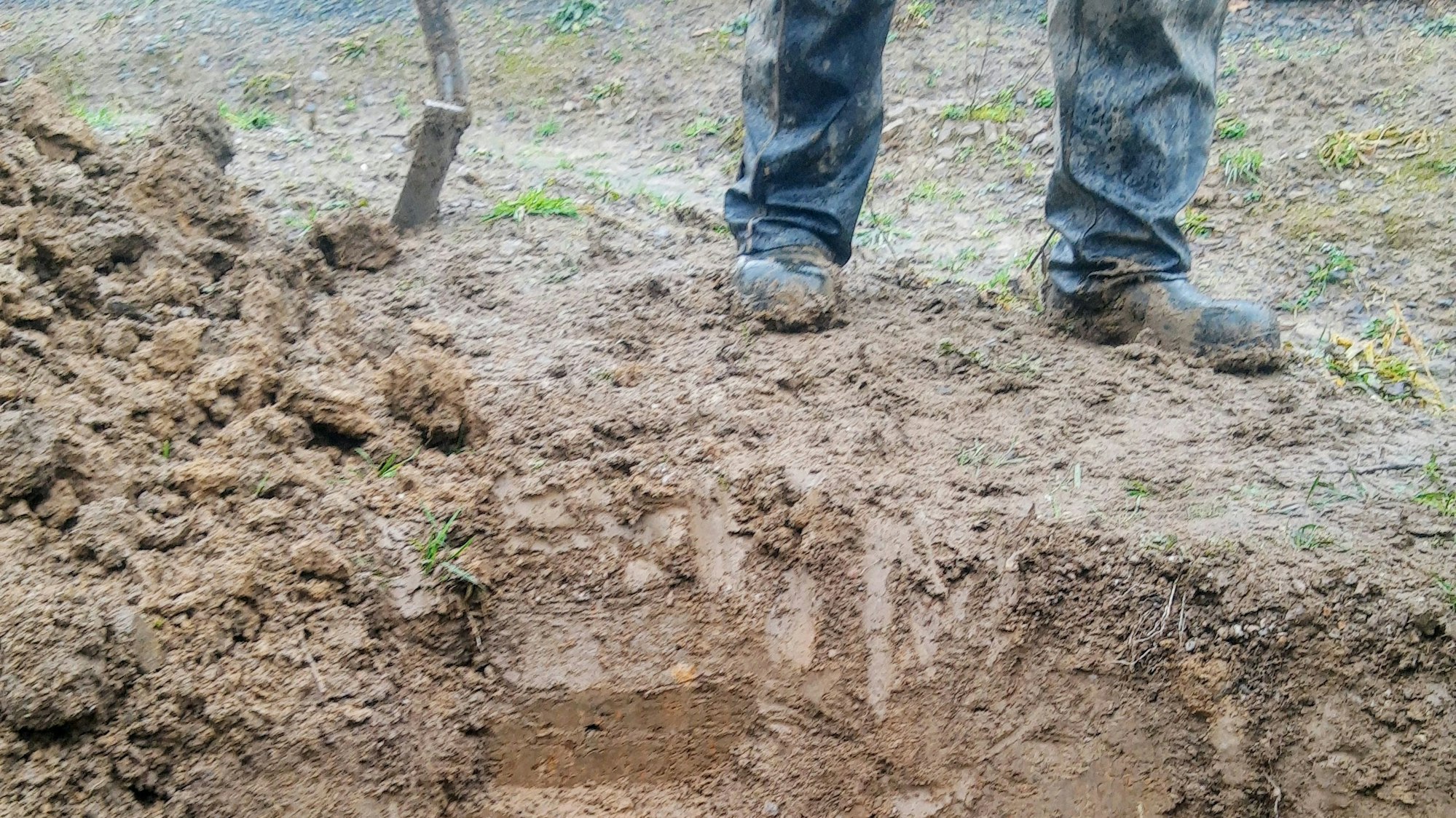 Eine Person steht mit Spaten vor einem Erdloch.
