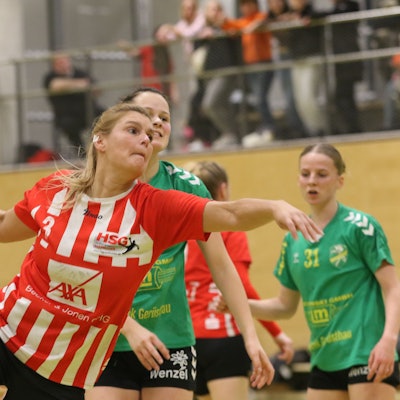 Das Bild zeigt Kreisläuferin Sabine Schmitz beim Torwurf.