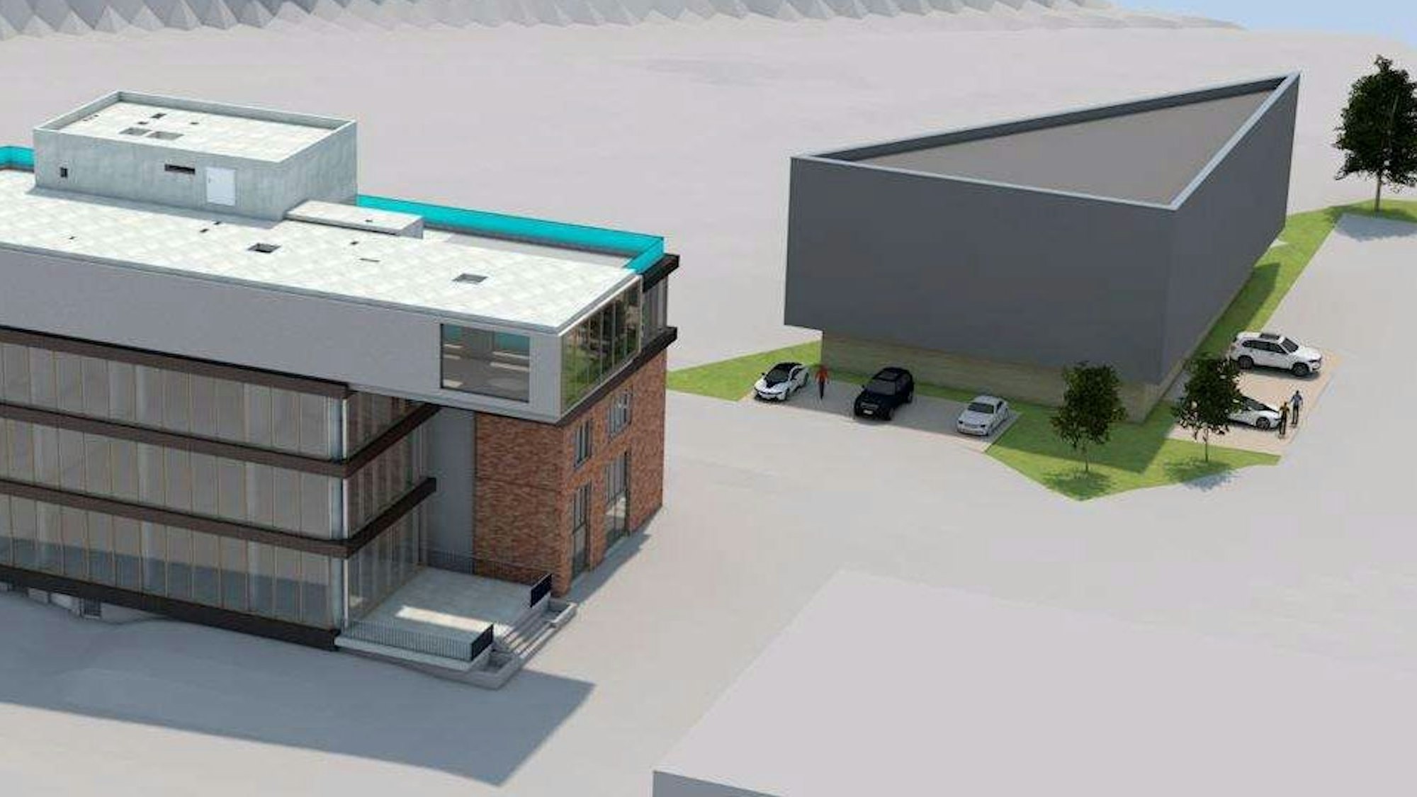 Neubauansicht eines dreieckigen Bürogebäudes.