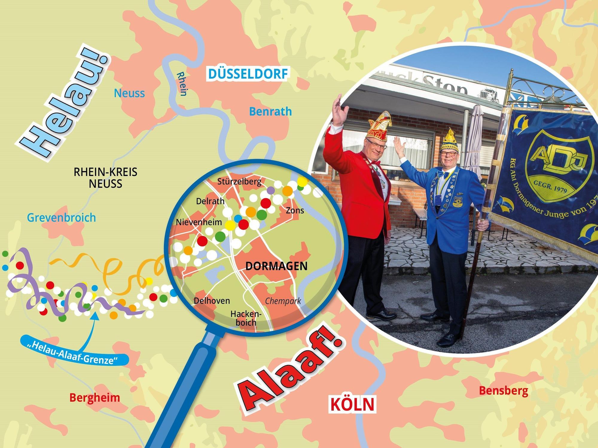 Markus Fillinger (l.) und Jens Wagner (r.), Präsidenten von Karnevalsgesellschaften aus Dormagen, das mitten auf der Helau-Alaaf-Grenze im Rheinland liegt.