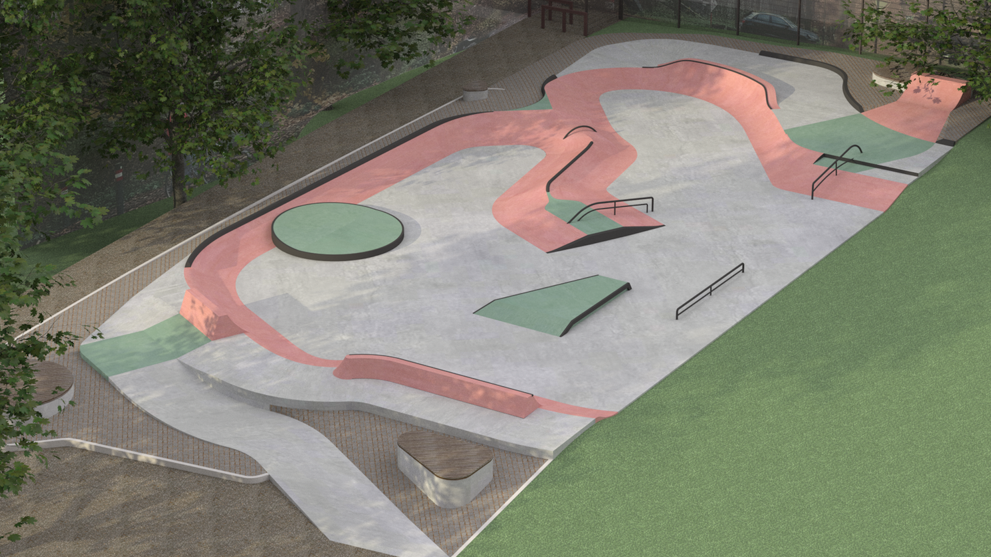 Eine Betonfläche mit Wellen und Rampen ist zu sehen.