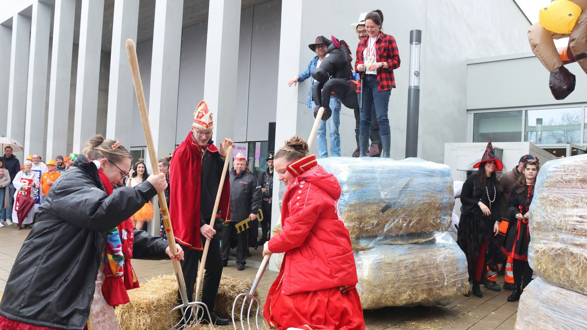 Karnevalstollitäten machen sich vor dem Waldbröler Rathaus mit Mistgabeln an mehreren Heuballen zu schaffen.