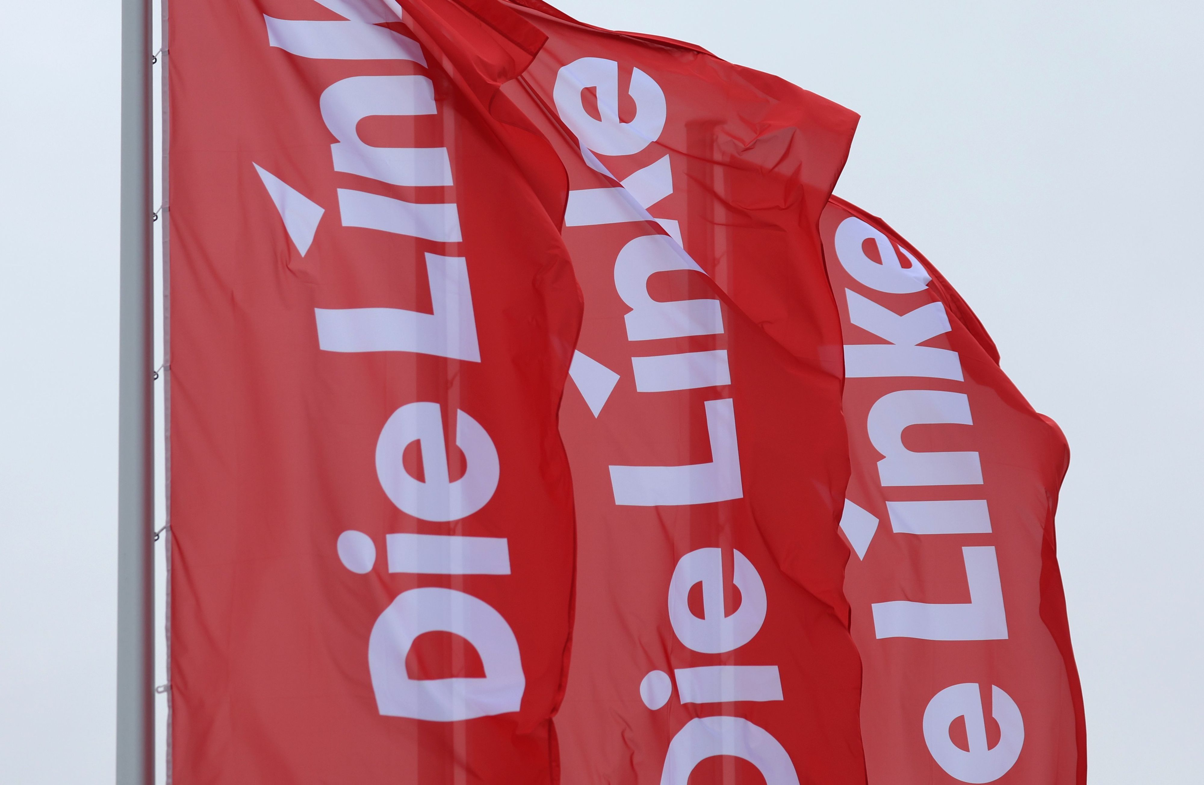 Fahnen der Partei Die Linke wehen im Wind.