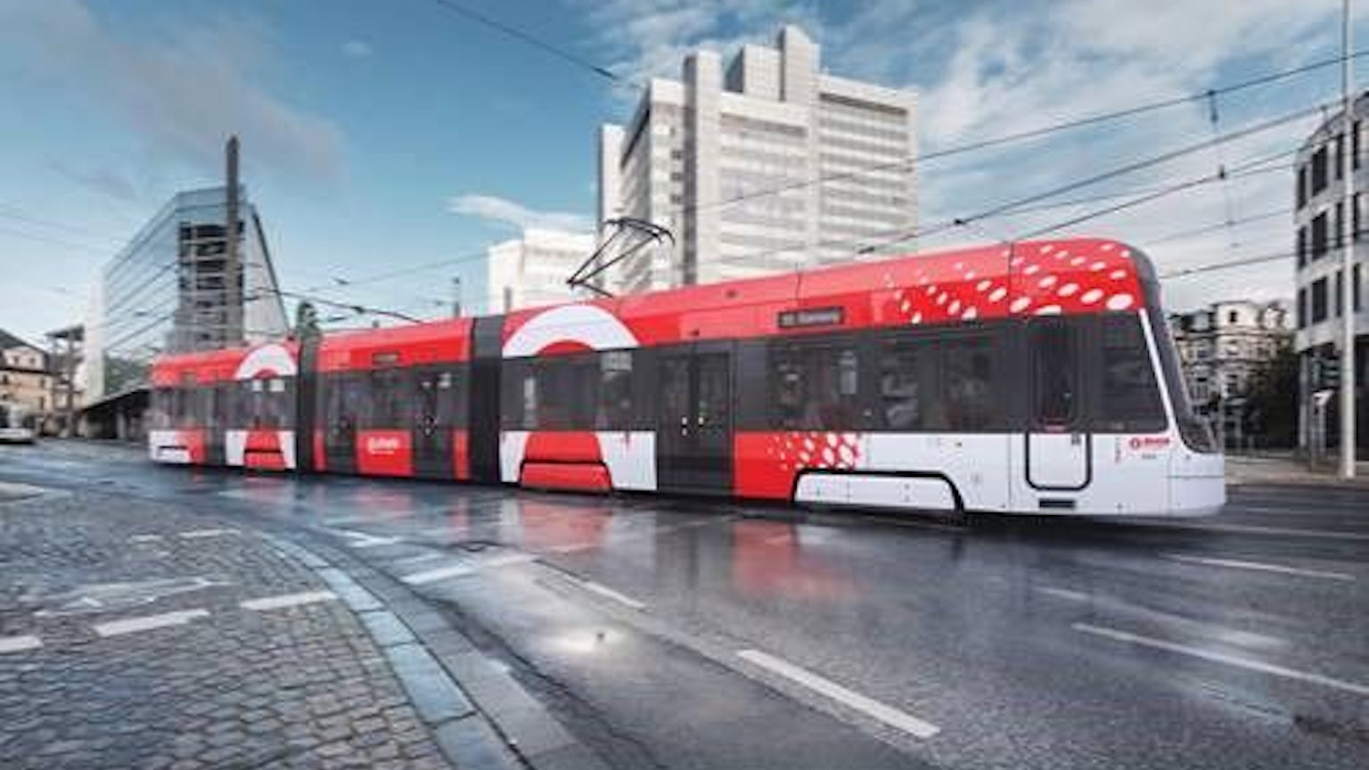 In dieser Fotomontage der Stadtwerke Bonn rollt eine der neuen Niederflurbahnen vor dem Stadthaus in Bonn.