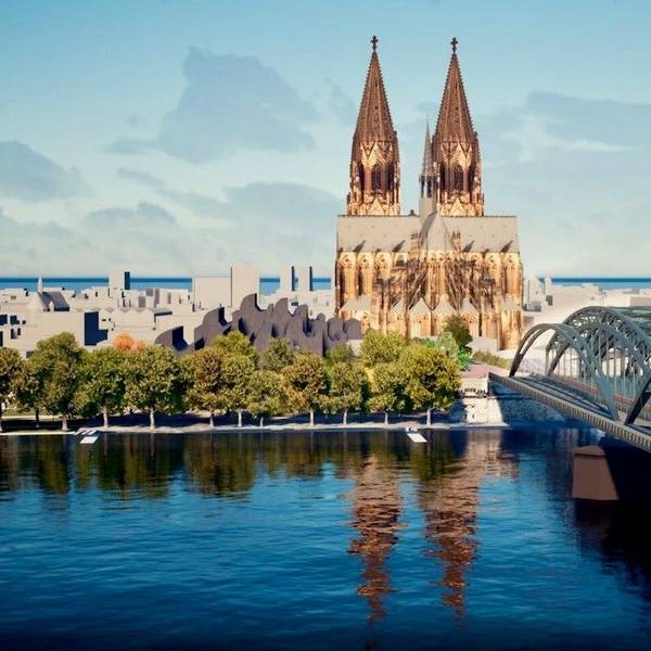 Visualisierung der geplanten Erweiterung der Hohenzollernbrücke. Die Stadtverwaltung bevorzugt die Variante 1 mit einer vorgelagerten schlanken Konstruktion für den Fuß- und Radverkehr.