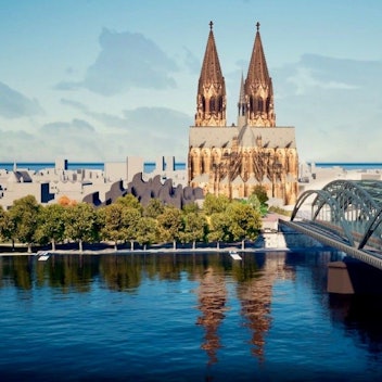 Visualisierung der geplanten Erweiterung der Hohenzollernbrücke. Die Stadtverwaltung bevorzugt die Variante 1 mit einer vorgelagerten schlanken Konstruktion für den Fuß- und Radverkehr.