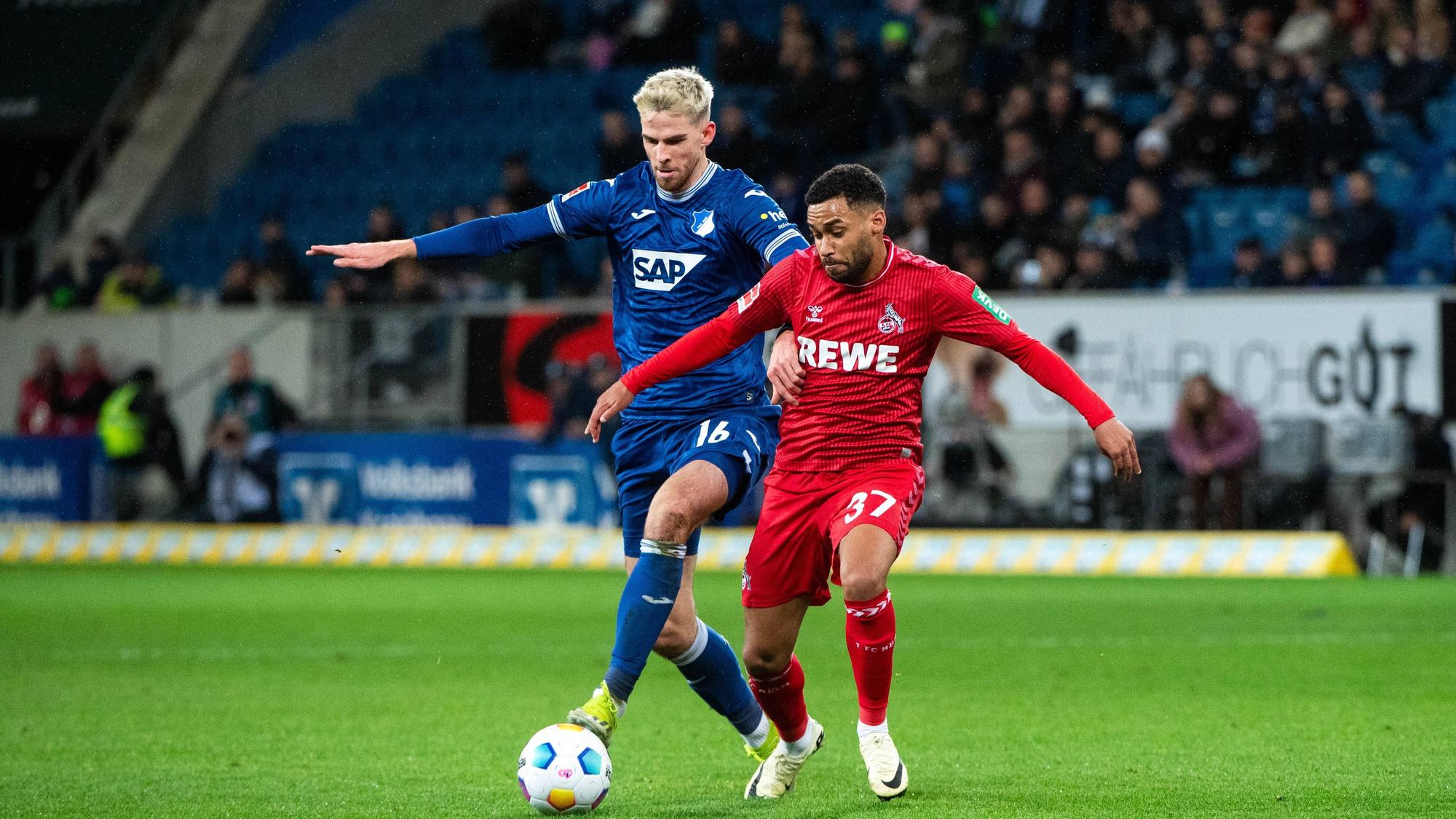 Linton Maina (r.) wird vor dem Tor zum Kölner 1:0 im Zweikampf von Hoffenheims Anton Stach gefoult.