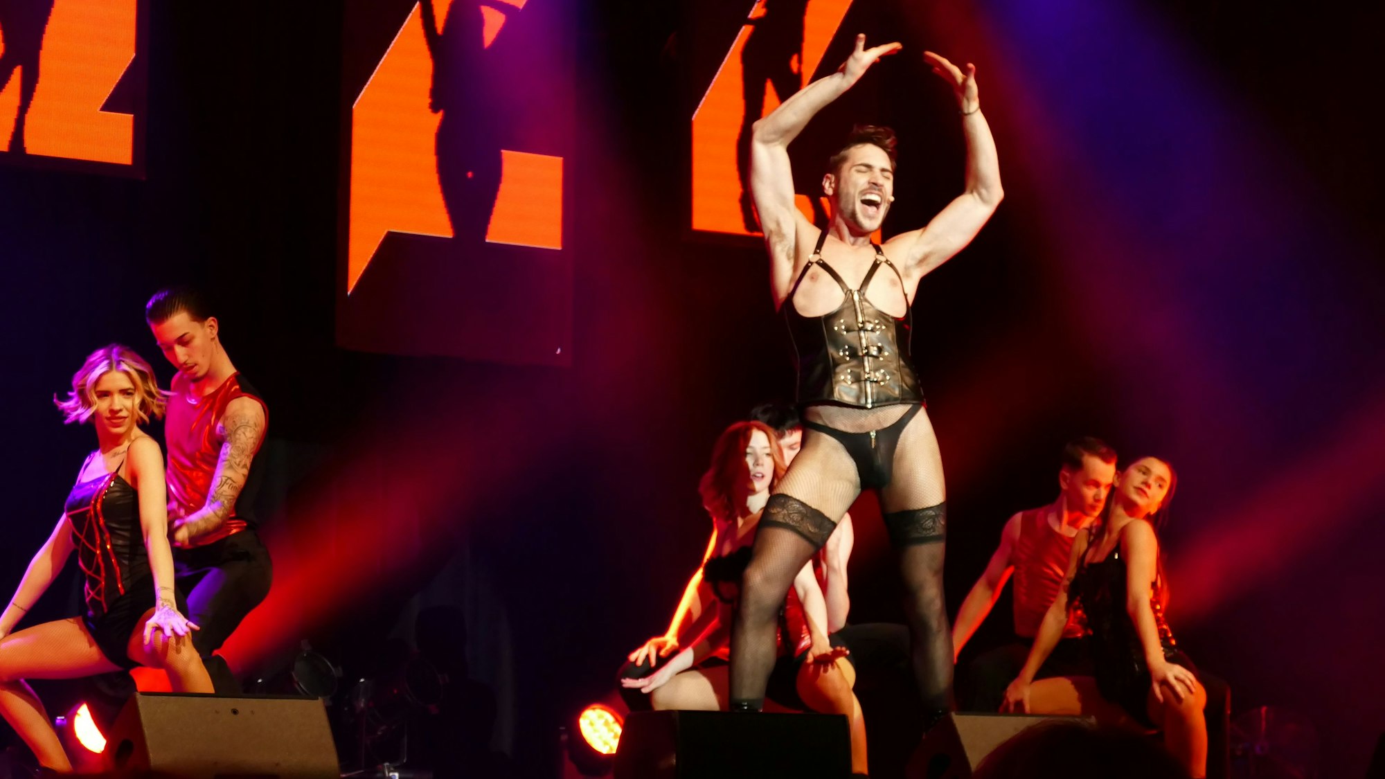 Ein Mann in halterlosen Strümpfen und Erotikwäsche steht auf einer Bühne und singt.