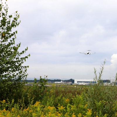 Ein Flugzeug fliegt.
