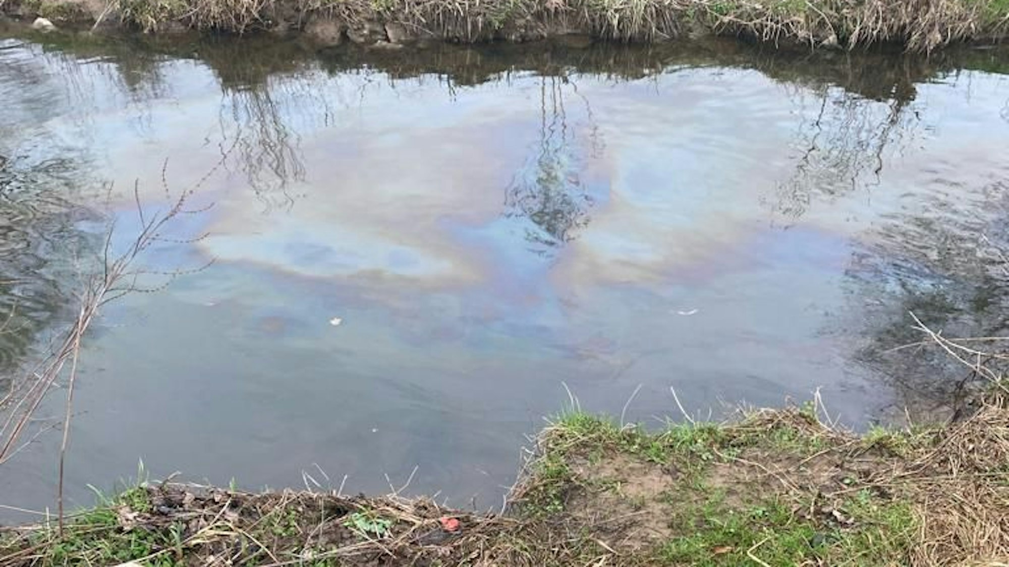 Auf dem Foto ist der Ölfilm auf der Swist zu erkennen.