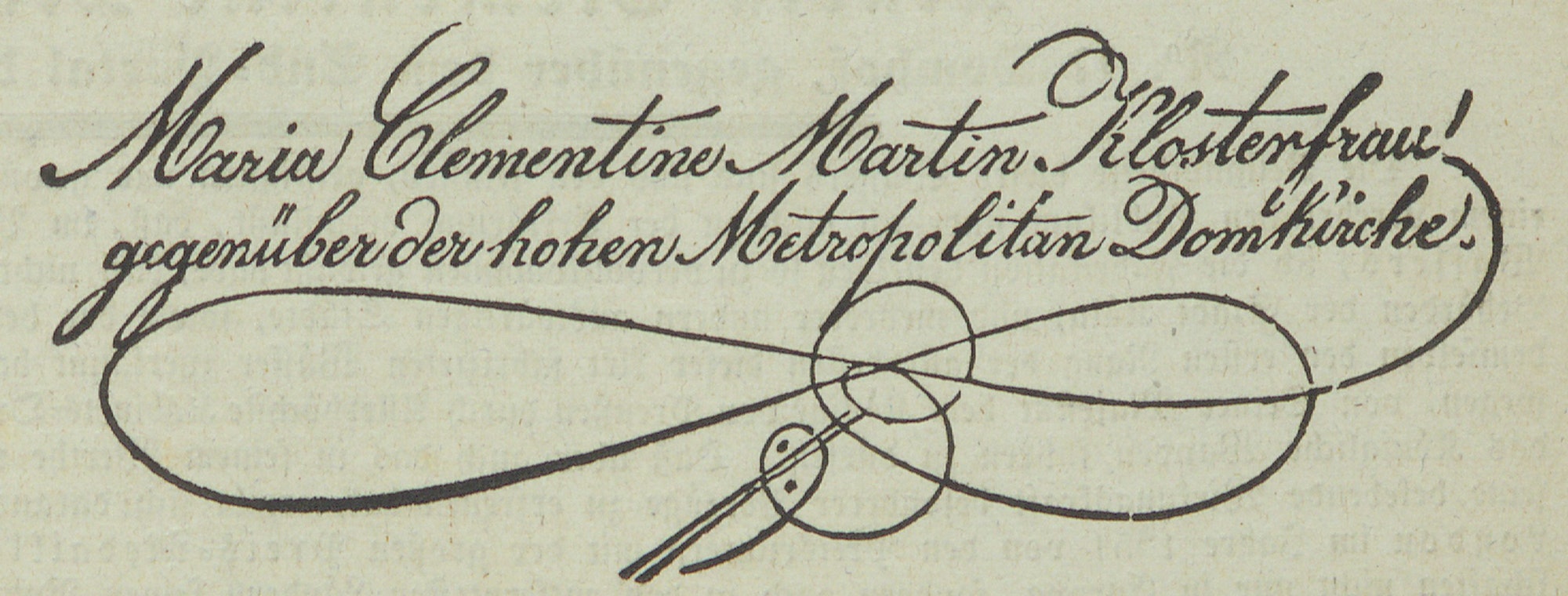 Der Namenszug ihres Unternehmens von 1851 erinnert an den der ältesten Eau-de-Cologne-Fabrik von Johann Maria Farina gegenüber dem Jülichs-Platz. Links im Porträt: Schwester Maria Clementine, gemalt ca. 1950 von Josef Benz.