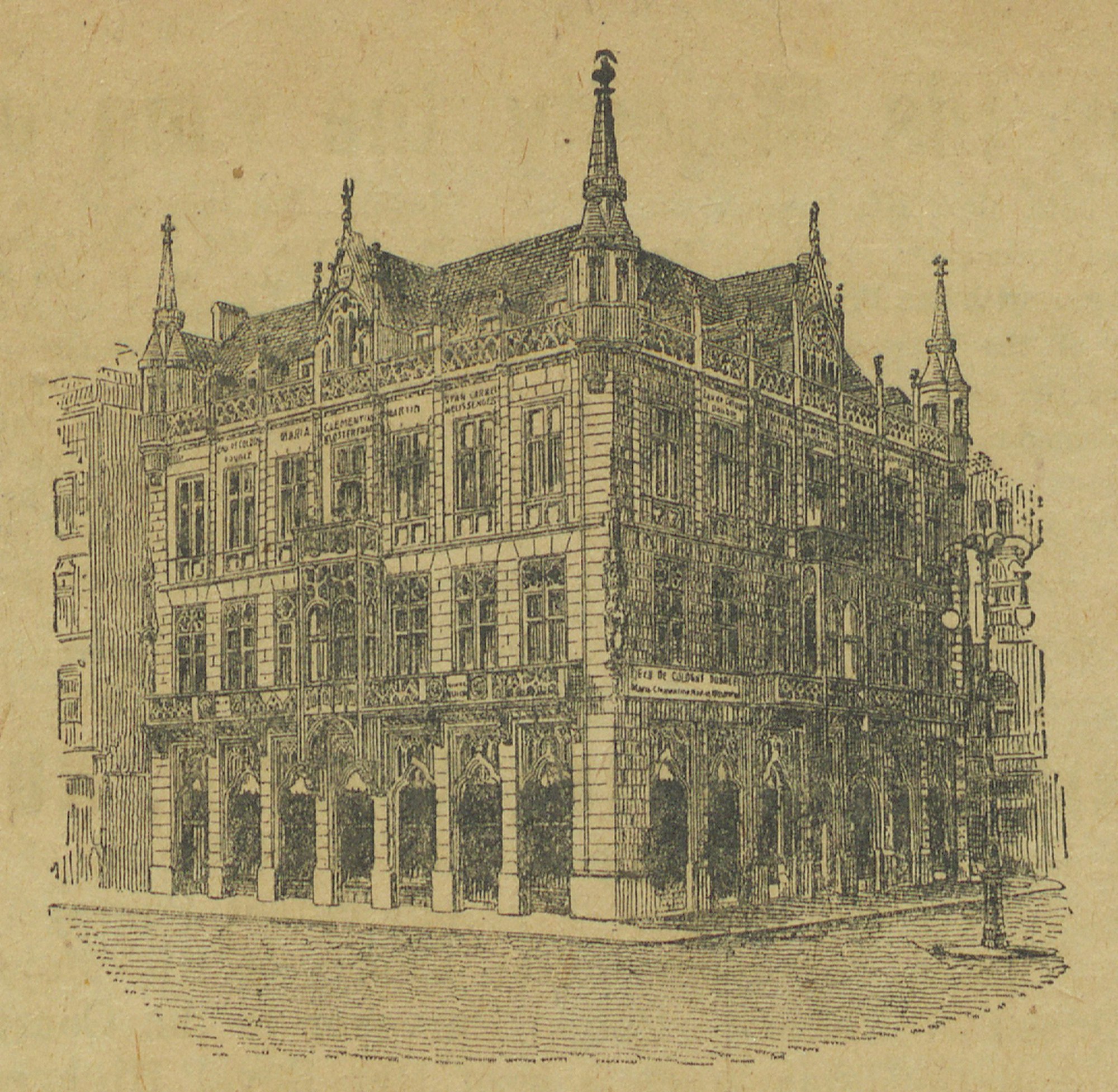 Haus Glockengasse Zeichnung aus der Serie von Franz Kreuter zur Glockengasse aus der Mitte des 19. Jahrhunderts.RWWA 33-39-21-001: Das Geschäftshaus der Firma Maria Clementine Martin am Domkloster 3, gegenüber dem Westportal des Kölner Doms, ca. 1880. Heute ist hier das Dom-Forum ansässig. (Abb. Stiftung Rheinisch-Westfälisches Wirtschaftsarchiv zu Köln)