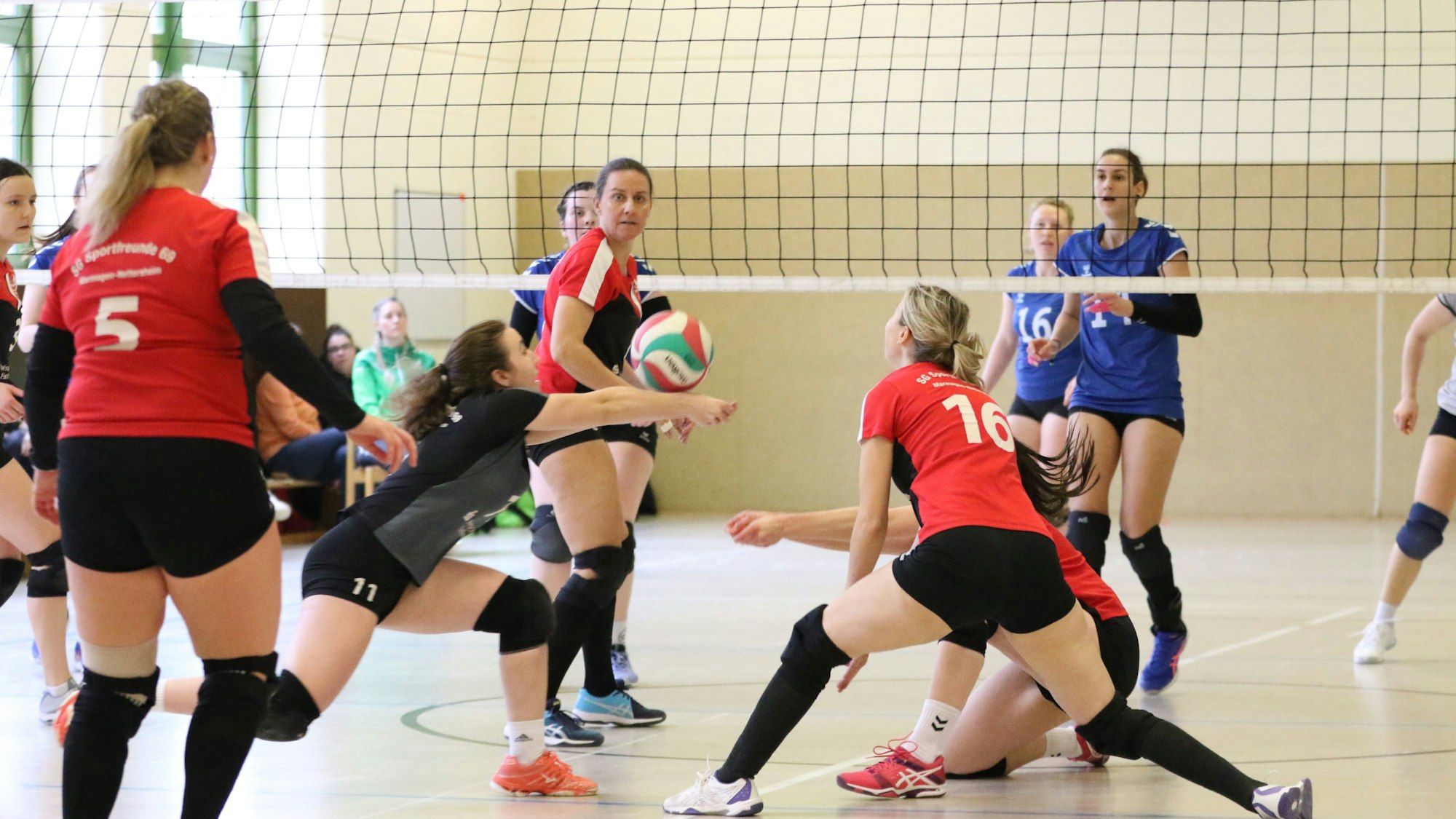 Schmeißen sich in jeden Ball: die Volleyballerinnen der Sportfreunde Marmagen-Nettersheim. Hier erwischt Celina Diefenbach die grün-weiß-rote Kugel.