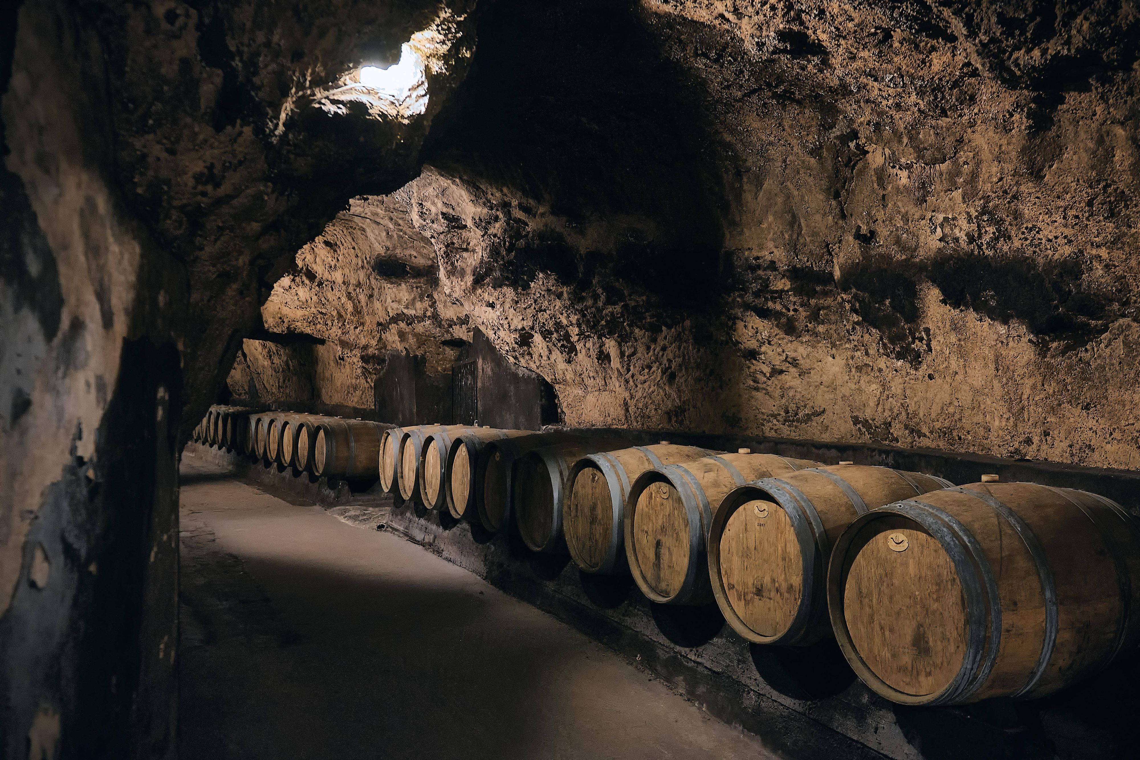 Reihe von Holzfässern mit Eisenbügeln in einer Bodega. Weinfässer aus Eichenholz in einem dunklen Weinkeller.