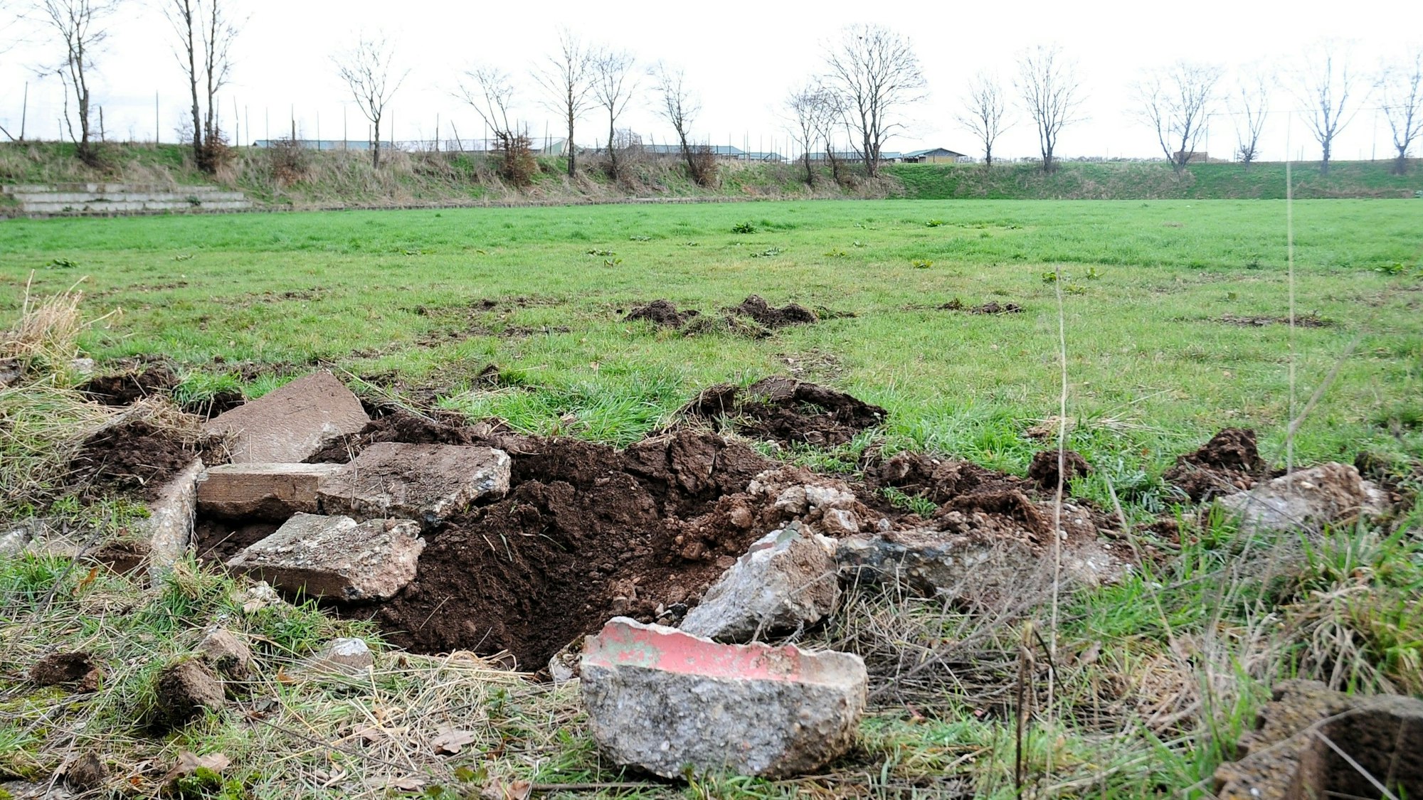 Zu sehen ist ein Rasenplatz mit einem Loch im Boden und Steinen.