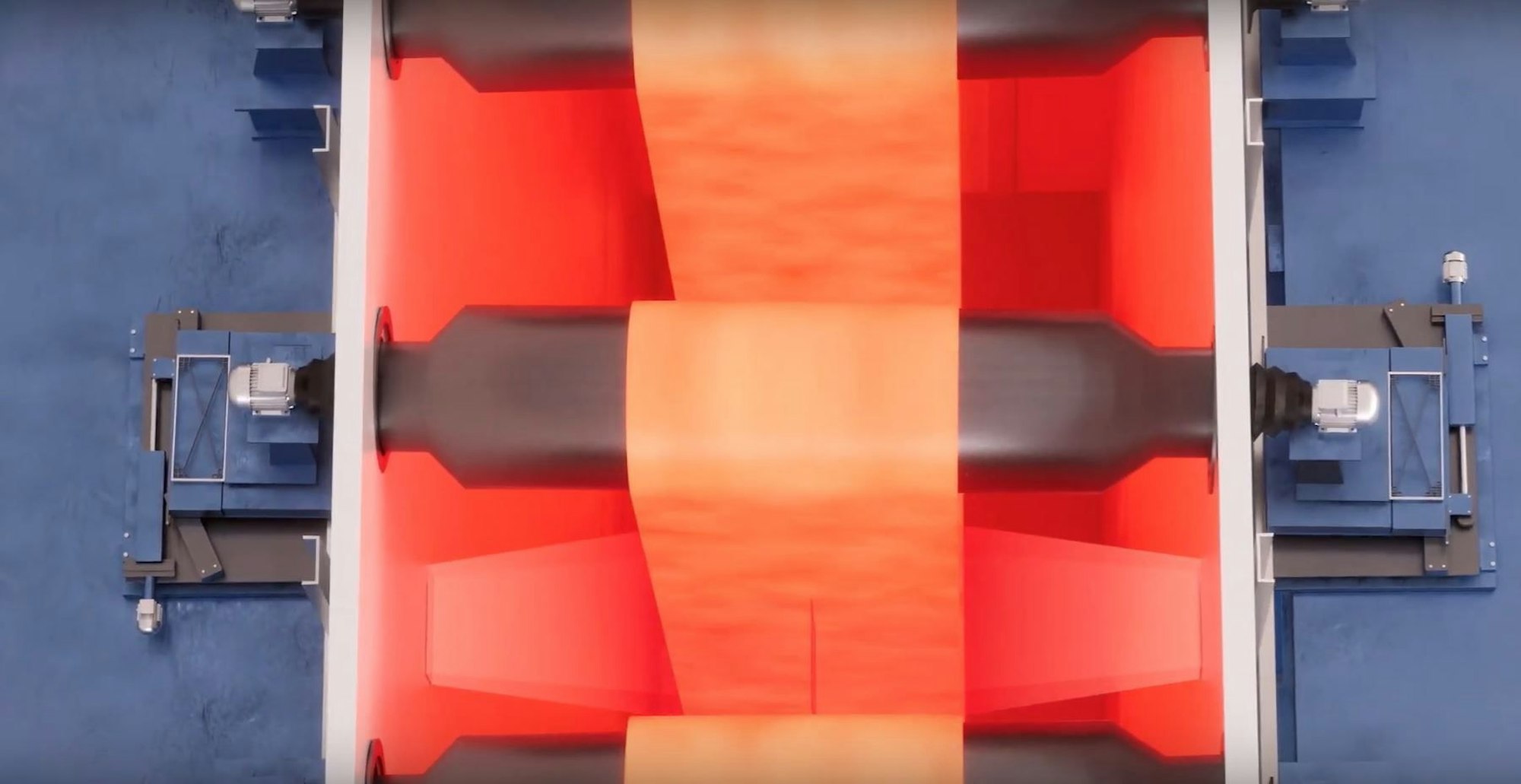 Radarsensoren messen hochgenau die Mitte der Metallbahn im Ofen und senden die Daten an die Stellmotoren an den Auflagern der Umlenkrolle. Hier ein Ausschnitt aus einem Herstellervideo.