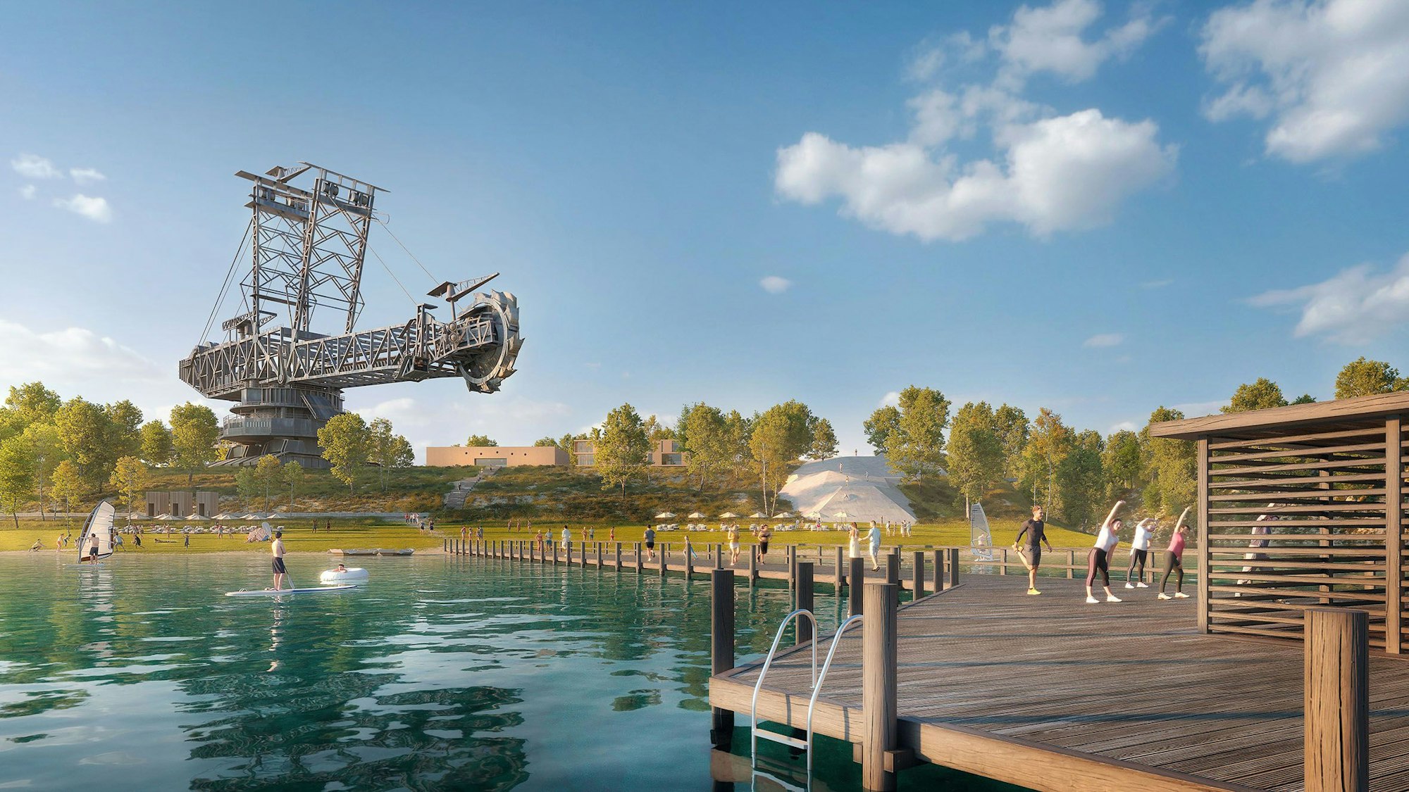 Ein Braunkohlebagger erinnert im Jahr 2070 am Ufer des Hambachsees an die Geschichte des Tagebaus Hambach