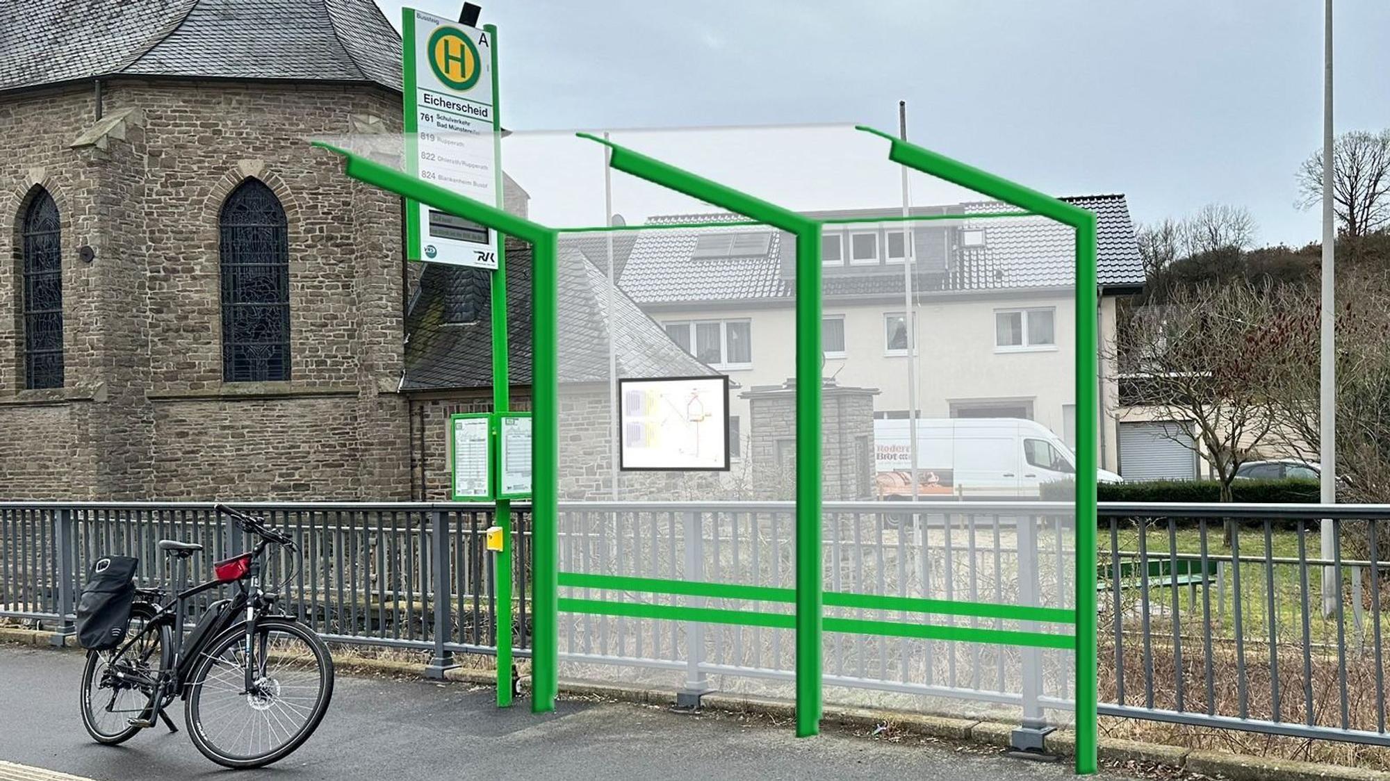 In der Fotomontage wird gezeigt, wie das Buswartehäuschen aussehen könnte. Im Hintergrund die Eicherscheider Kirche.