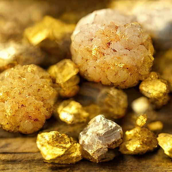 Goldene Steine und Kristalle liegen nebeneinander. (Symbolbild)