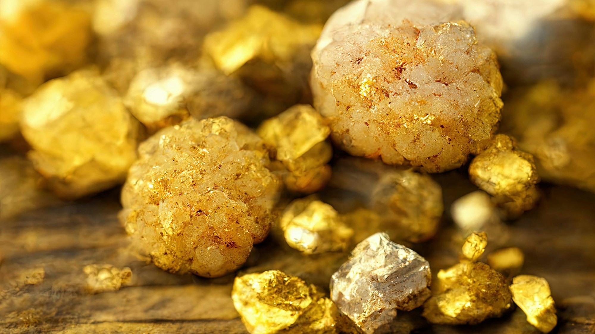 Goldene Steine und Kristalle liegen nebeneinander. (Symbolbild)