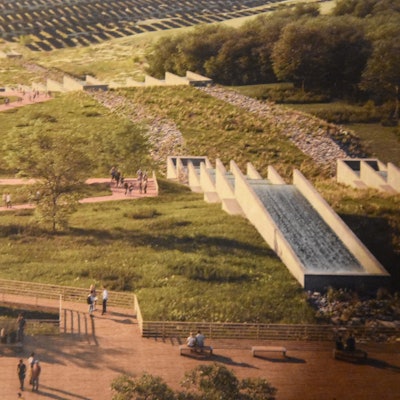 Eine Kaskade führt in den Tagebau hinein: So könnte das Einlaufbauwerk für das Rheinwasser in den Tagebau Hambach bei Elsdorf aussehen.