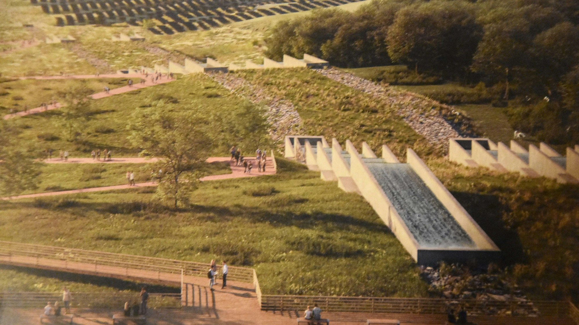 Ein computererstelltes Bild der Einleitkaskade am Tagebau Hambach.