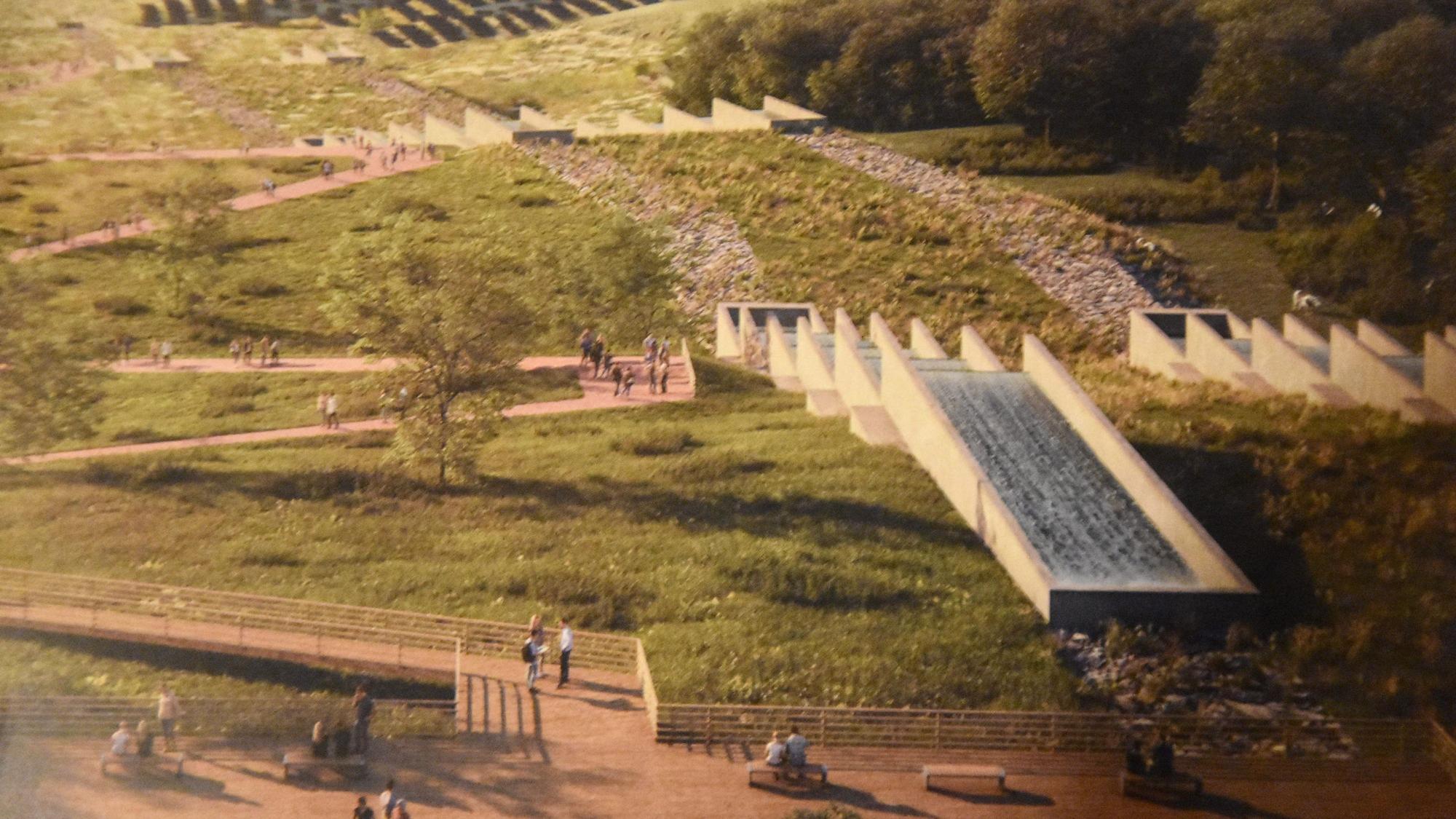 Eine Kaskade führt in den Tagebau hinein: So könnte das Einlaufbauwerk für das Rheinwasser in den Tagebau Hambach bei Elsdorf aussehen.