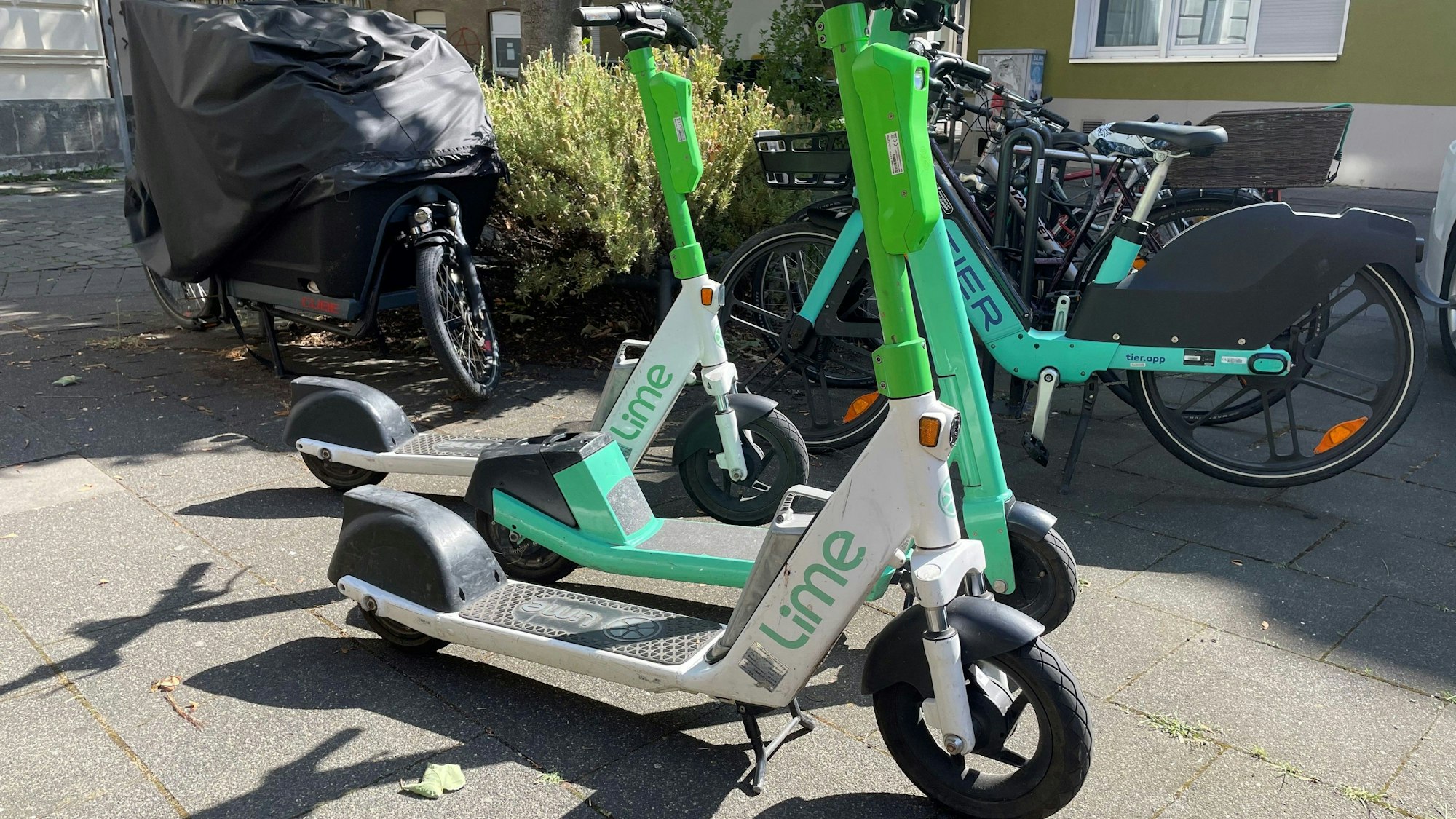 Mehrere E-Scooter stehen auf einem Gehweg.