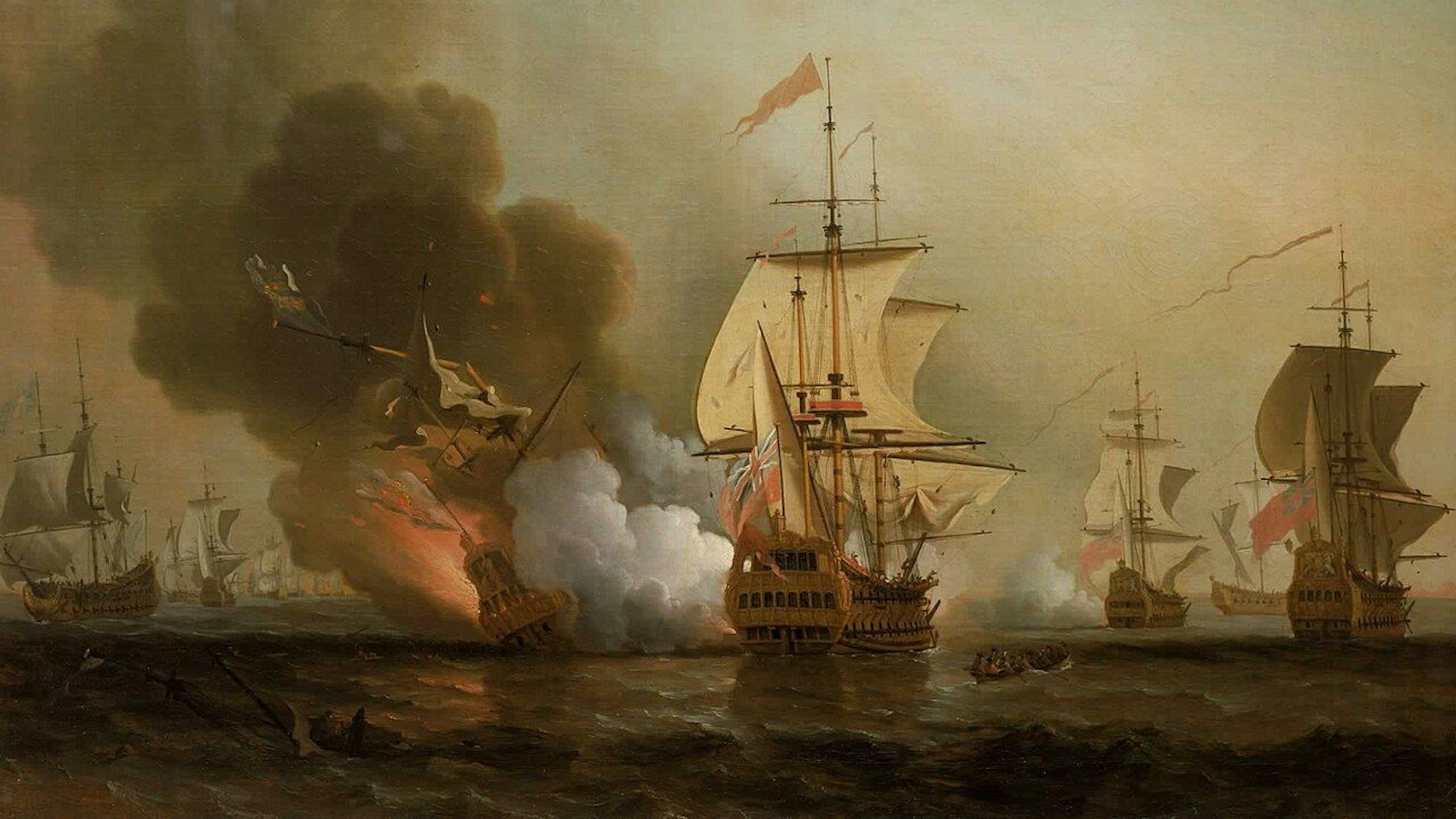 Undatiertes Ölgemälde von Samuel Scott (1702-1772), National Maritime Museum. Dargestellt ist die Explosion der San José.