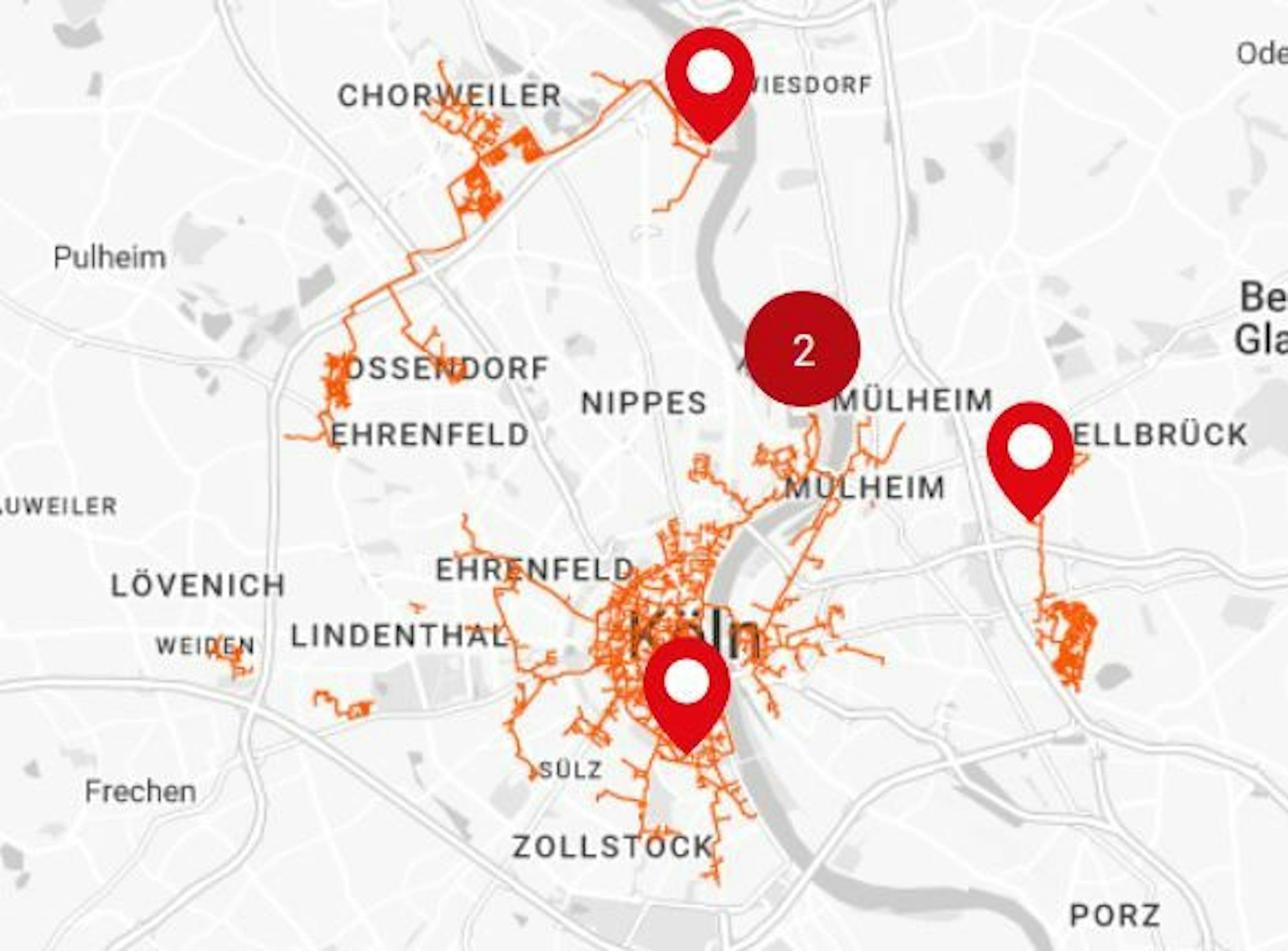 Karte des Fernwärmenetzes der Rheinenergie in Köln.