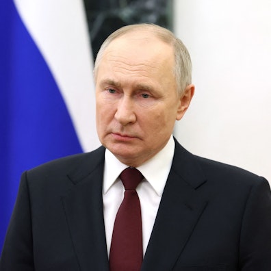 In this pool photograph distributed by Russian state agency Sputnik on February 27, 2024, Russia's President Vladimir Putin makes a video address to congratulate the military personnel and veterans of the Special Operations Forces, a branch of the Armed Forces of Russia, on their professional holiday at the Kremlin in Moscow. (Photo by Alexander KAZAKOV / POOL / AFP)