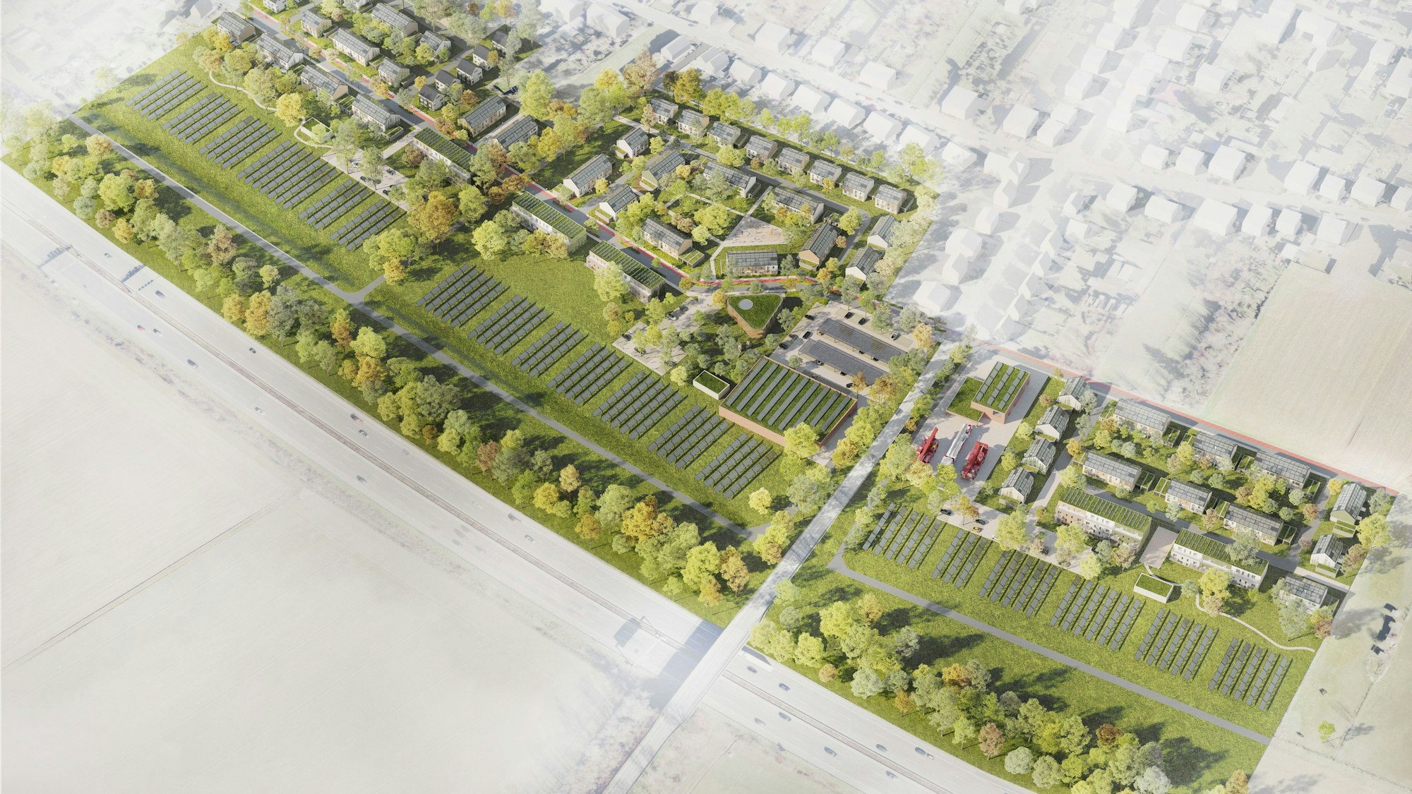 Zu sehen ist die Visualisierung eines Wohnquartiers.