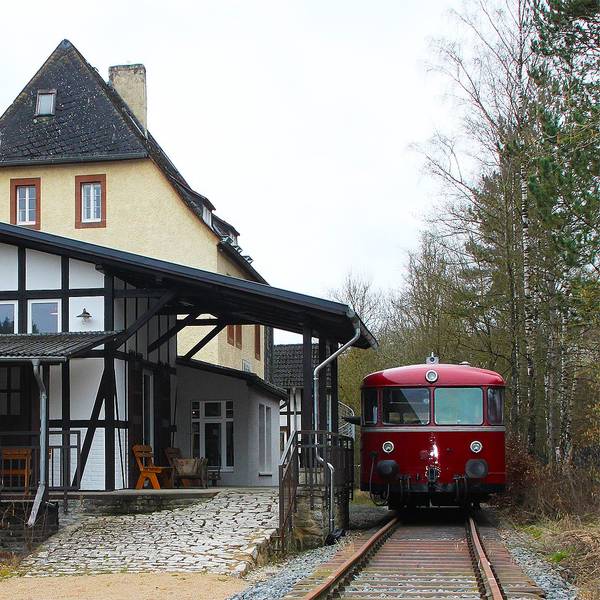 Neben dem Gebäude des Museumsbanhnhofs steht ein roter Schienenbus auf den Gleisen.
