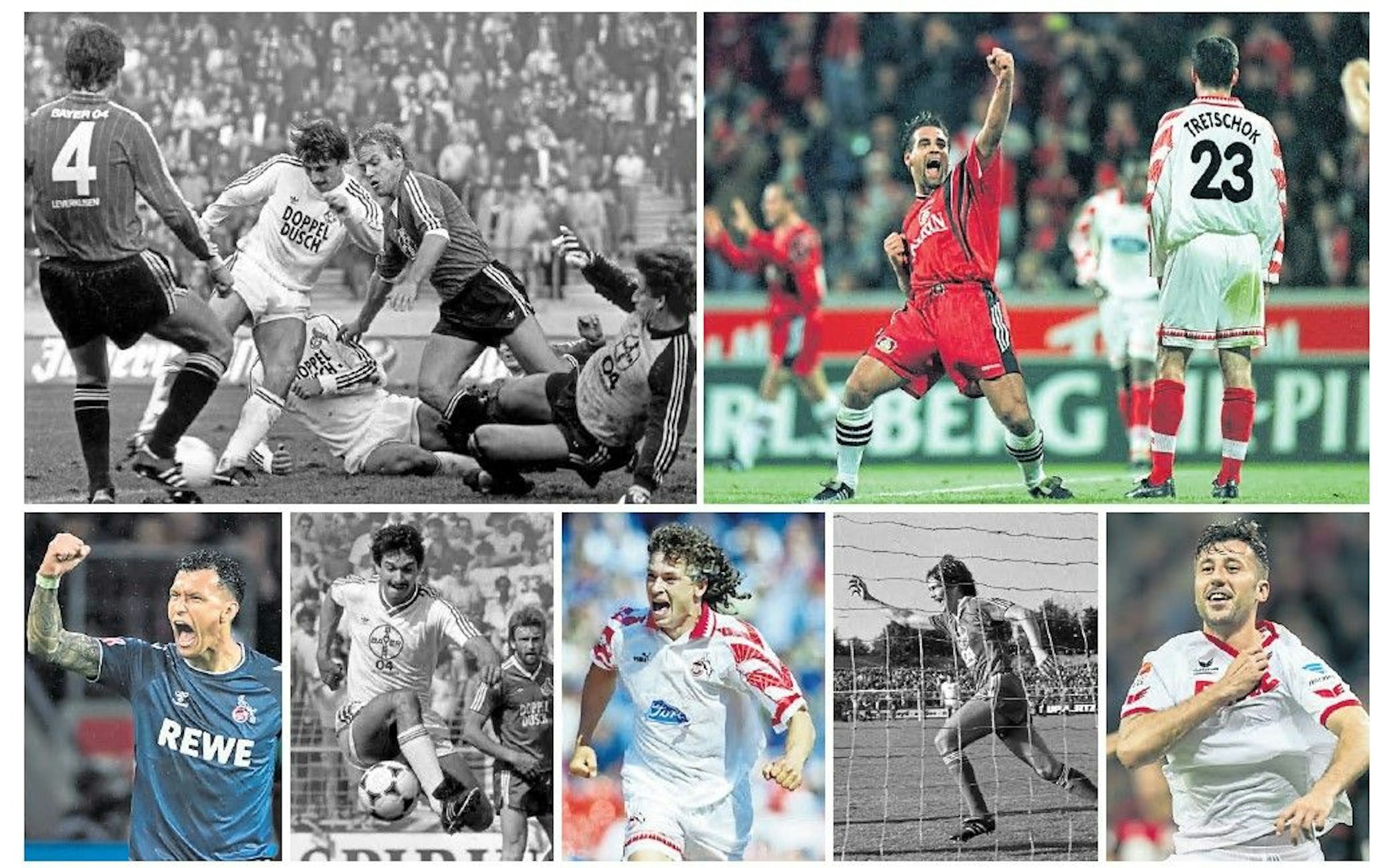 Derbyhelden oder wie immer man sie auch nennen will: (von oben links im Uhrzeigersinn) Klaus Allofs, Ulf Kirsten, Davie Selke, Hherbert Waas, Toni Polster, Klaus Bruckmann und Dominic Maroh.