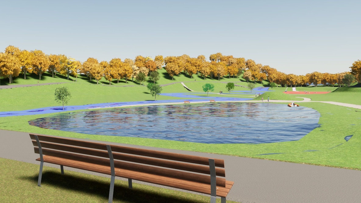 Bei der Visualisierung ist im Vordergrund eine Bank zu sehen. Dahinter befindet sich eine Art Teich, der deutlich kleiner ist als der heutige Mühlensee.