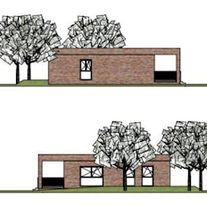 Die Skizze zeigt das geplante Dorfgemeinschaftshaus aus vier Perspektiven: Vor dem Klinkerbau befindet sich eine Veranda.