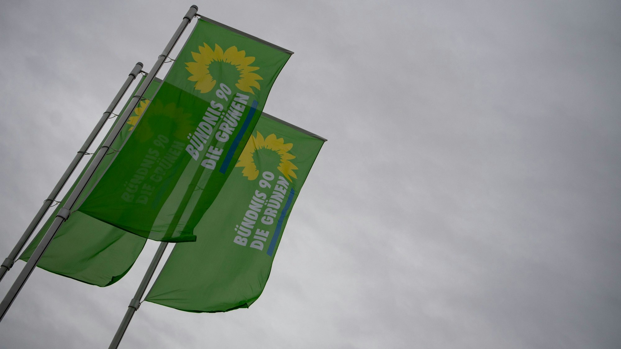 Flaggen mit dem Logo von Bündnis 90/Die Grünen wehen an Fahnenmasten. Im baden-württembergischen Amtzell ist ein 37-Jähriger offenbar attackiert worden, weil er für die Grünen kandidieren will. (Symbolbild)