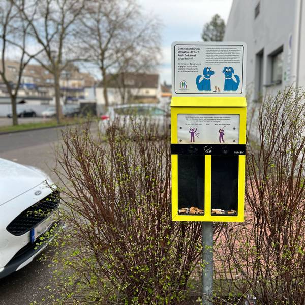 Ein gelber Sammelbehälter für Zigarettenkippen mit zwei Fächern.