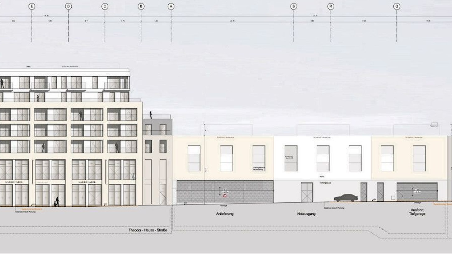 Planungszeichnung für ein siebenstöckiges Wohn- und Geschäftshaus mit einem langgezogenen Anbau