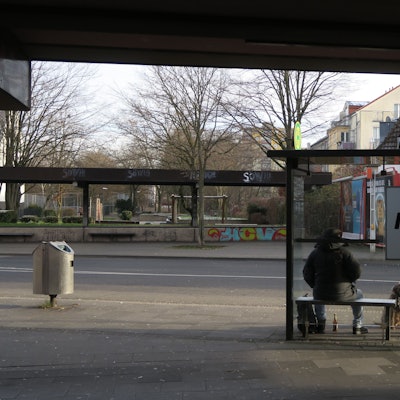 An einer Bushaltestelle warten zwei Fahrgäste, einer hat einen Hund dabei.